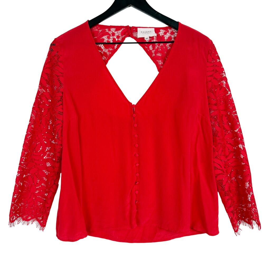 Sezane April Blouse 100% Silk Lace V-Neck Vibrant Red - Size 40 (8 US)